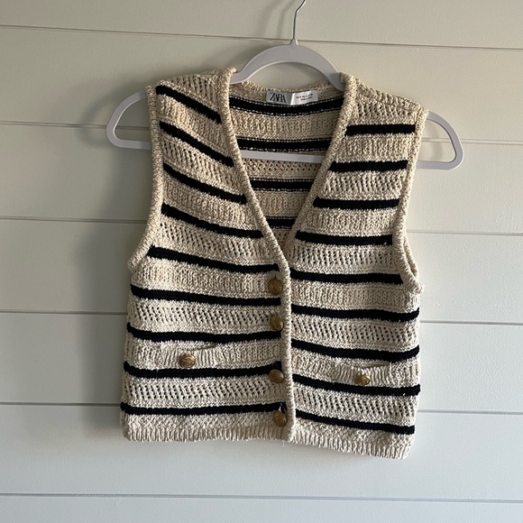 Zara Black and Cream Striped Cardigan Vest Small - Picture 2 of 4